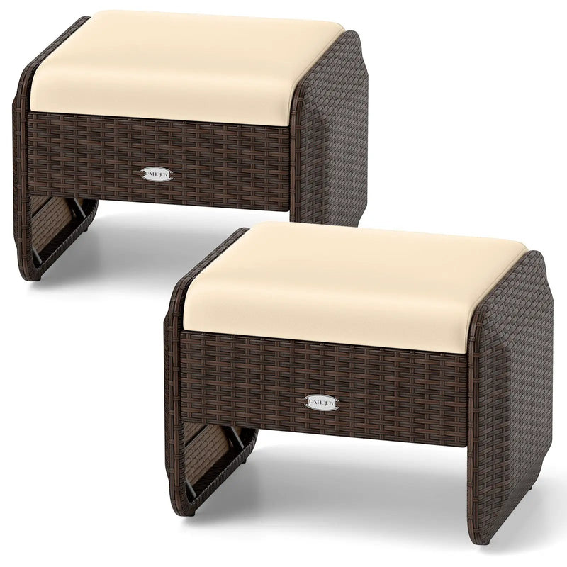 2 Pieces Outdoor Patio PE Wicker Ottomans with Removable Cushions by DirectDeals