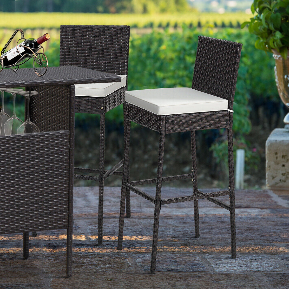 2 Pieces Patio Cushioned Wicker Barstools with Cozy Footrest, photo 5 of 7