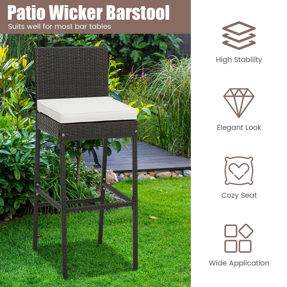 2 Pieces Patio Cushioned Wicker Barstools with Cozy Footrest, photo 6 of 7