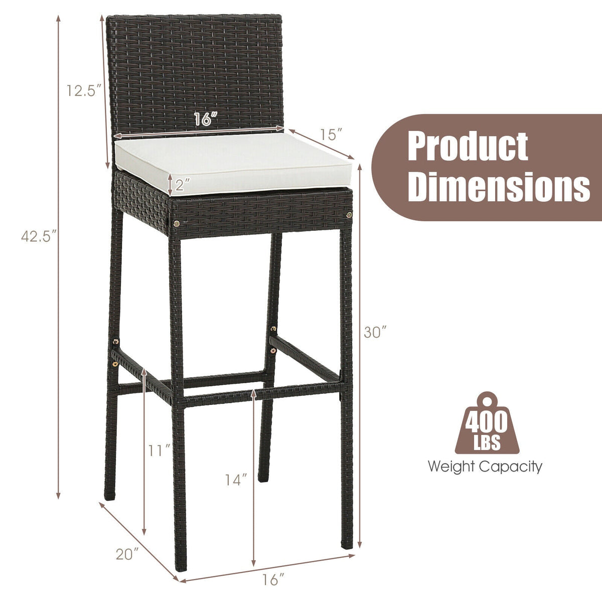 2 Pieces Patio Cushioned Wicker Barstools with Cozy Footrest, photo 4 of 7