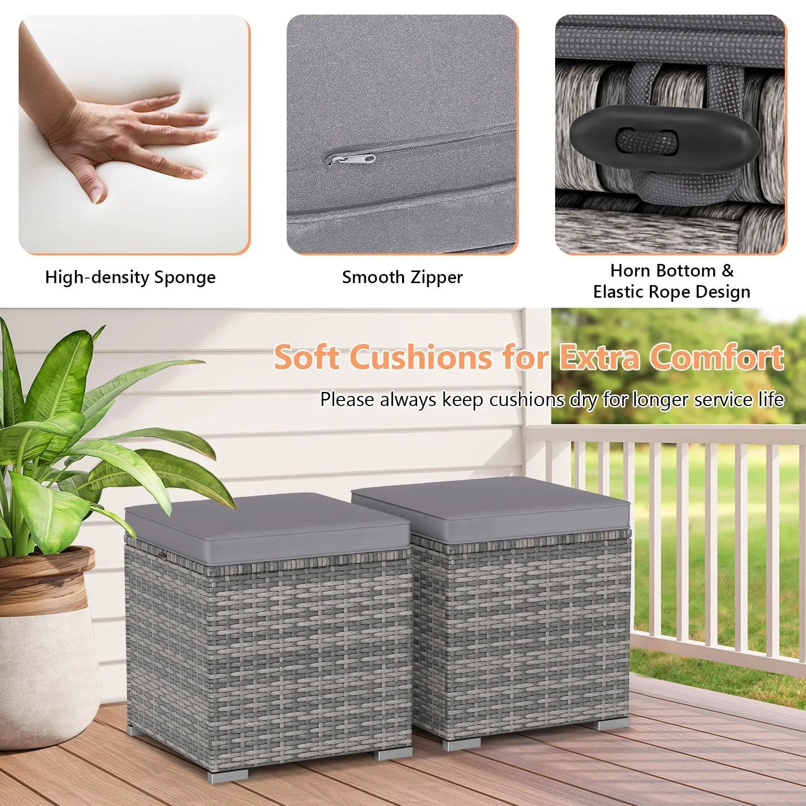 2 Pieces Patio Ottoman with Hidden Storage Space-Mix Grey by DirectDeals