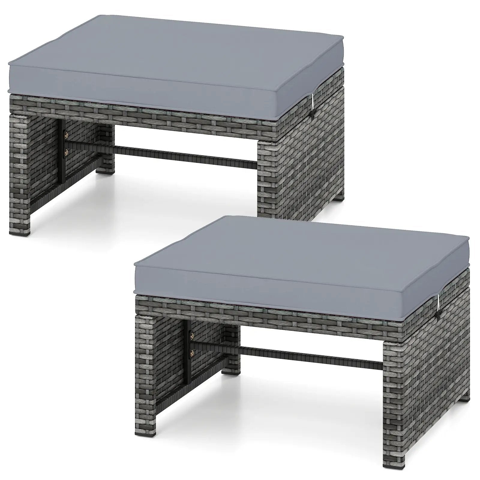2 Pieces Patio PE Rattan Ottomans with Soft Zippered Cushions for Deck by DirectDeals