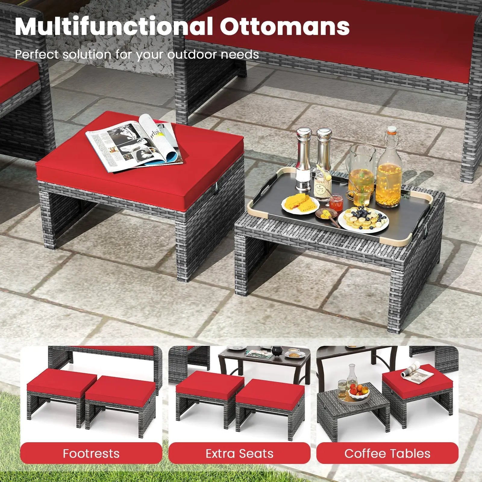 2 Pieces Patio PE Rattan Ottomans with Soft Zippered Cushions for Deck by DirectDeals
