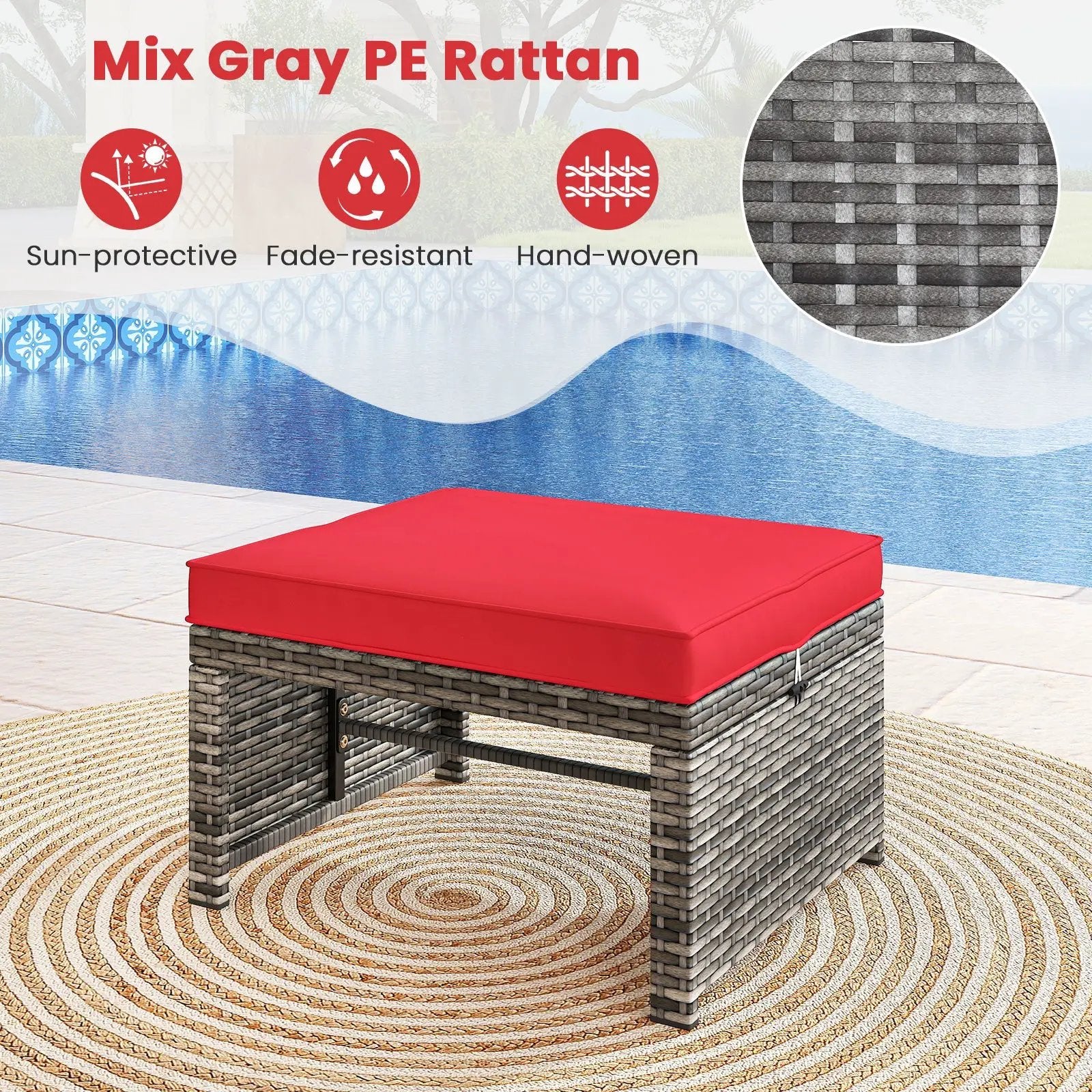 2 Pieces Patio PE Rattan Ottomans with Soft Zippered Cushions for Deck by DirectDeals