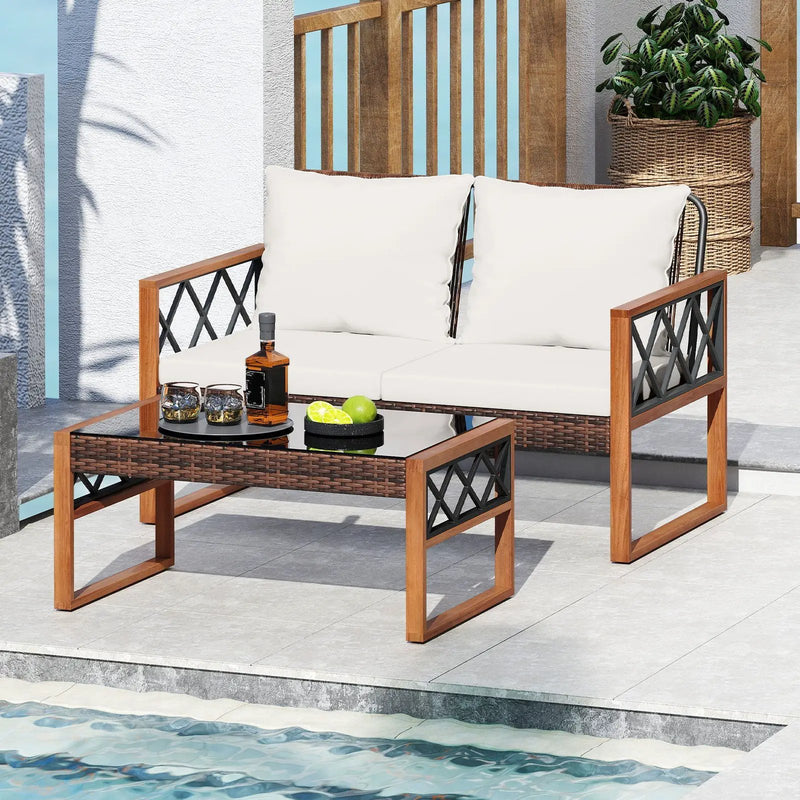 2 Pieces Patio PE Wicker Furniture Set Outside Conversation Set for Porch-White by DirectDeals
