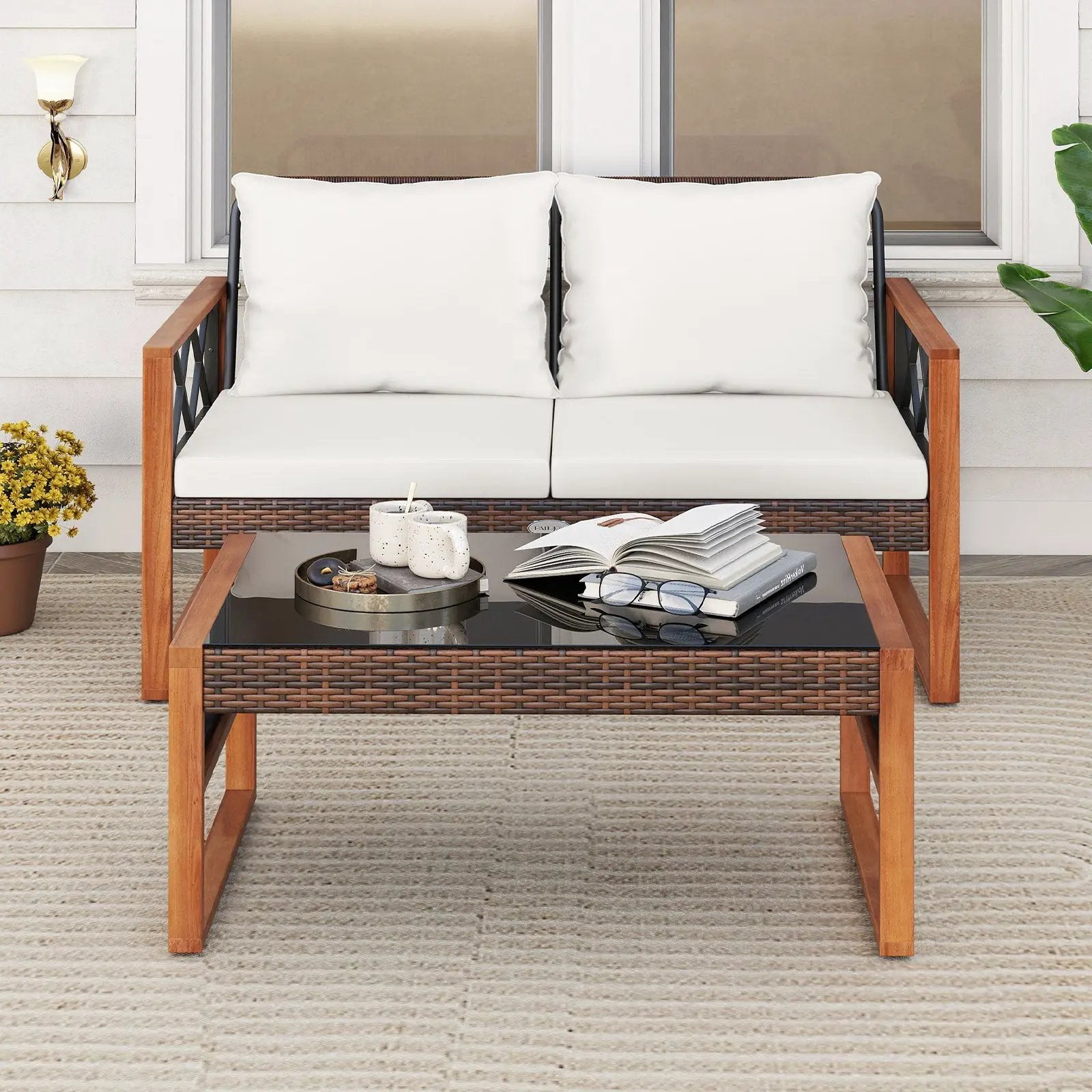 2 Pieces Patio PE Wicker Furniture Set Outside Conversation Set for Porch-White by DirectDeals