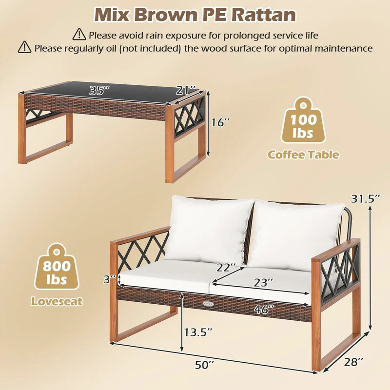 2 Pieces Patio PE Wicker Furniture Set Outside Conversation Set for Porch-White by DirectDeals