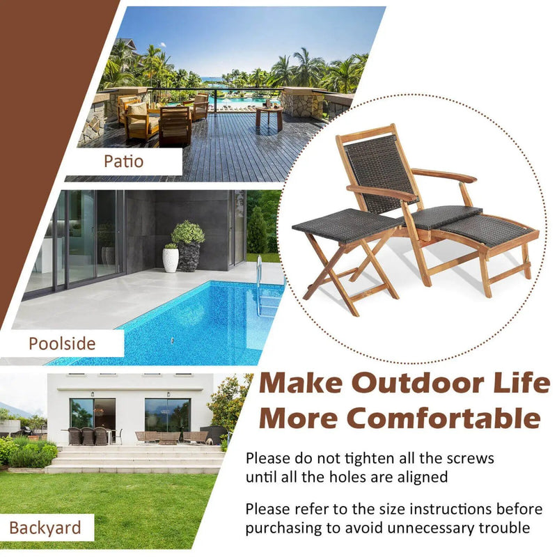 3 Pieces Patio Rattan Folding Lounge Chair Set of 2 with Acacia Wood Table by DirectDeals
