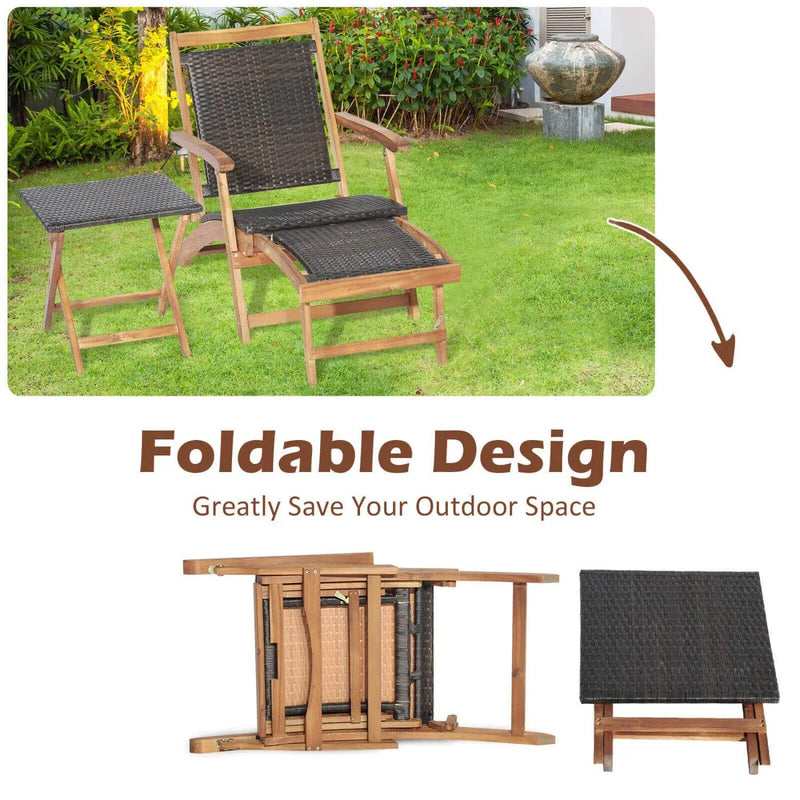3 Pieces Patio Rattan Folding Lounge Chair Set of 2 with Acacia Wood Table by DirectDeals