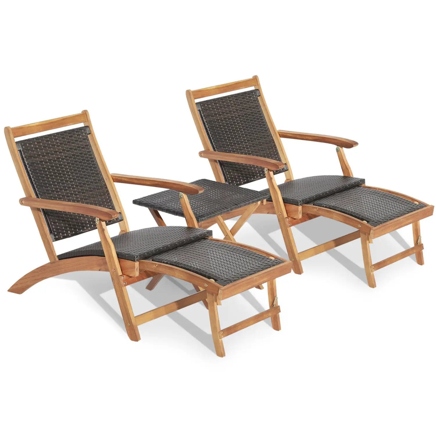 3 Pieces Patio Rattan Folding Lounge Chair Set of 2 with Acacia Wood Table by DirectDeals