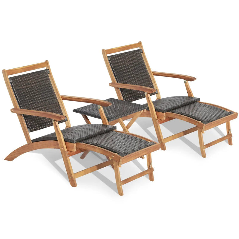 3 Pieces Patio Rattan Folding Lounge Chair Set of 2 with Acacia Wood Table by DirectDeals