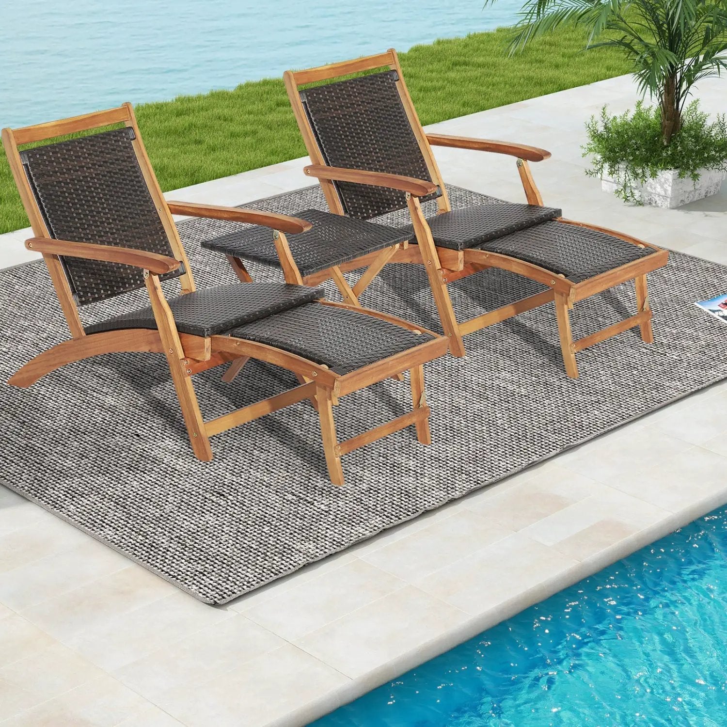 3 Pieces Patio Rattan Folding Lounge Chair Set of 2 with Acacia Wood Table by DirectDeals