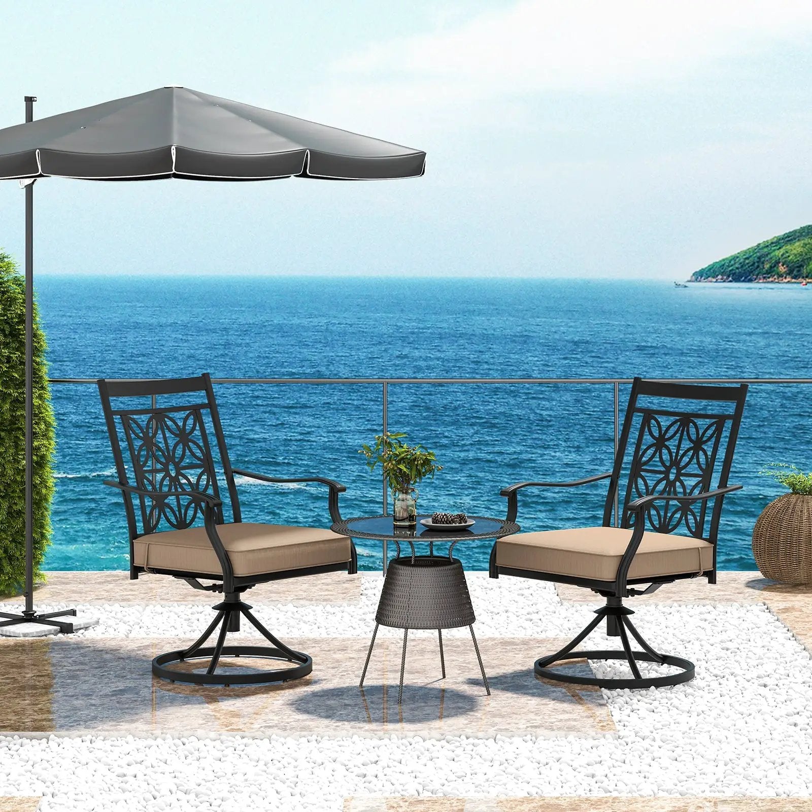 2 Pieces Patio Swivel Chairs with Blossom Pattern Backrest and Cushions-Black by DirectDeals