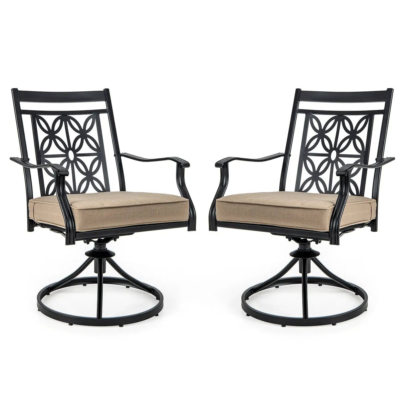 2 Pieces Patio Swivel Chairs with Blossom Pattern Backrest and Cushions-Black by DirectDeals