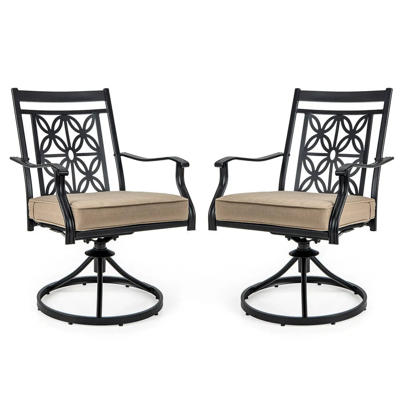 2 Pieces Patio Swivel Chairs with Blossom Pattern Backrest and Cushions-Black by DirectDeals