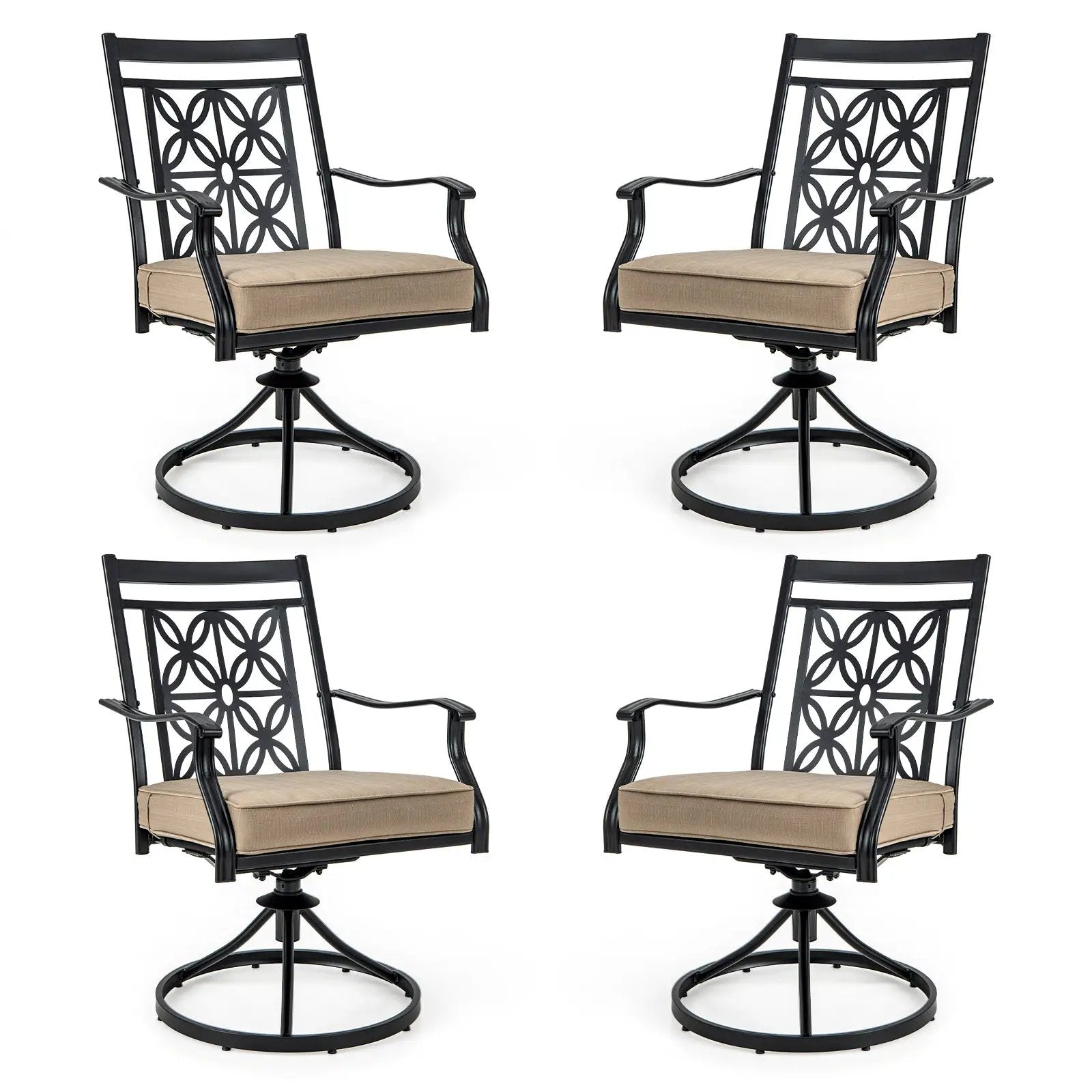 2 Pieces Patio Swivel Chairs with Blossom Pattern Backrest and Cushions-Black by DirectDeals