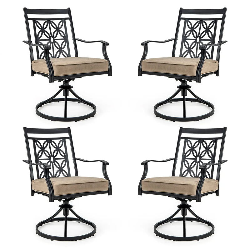 2 Pieces Patio Swivel Chairs with Blossom Pattern Backrest and Cushions-Black by DirectDeals