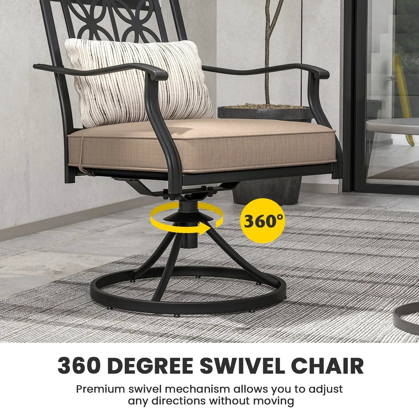 2 Pieces Patio Swivel Chairs with Blossom Pattern Backrest and Cushions-Black by DirectDeals