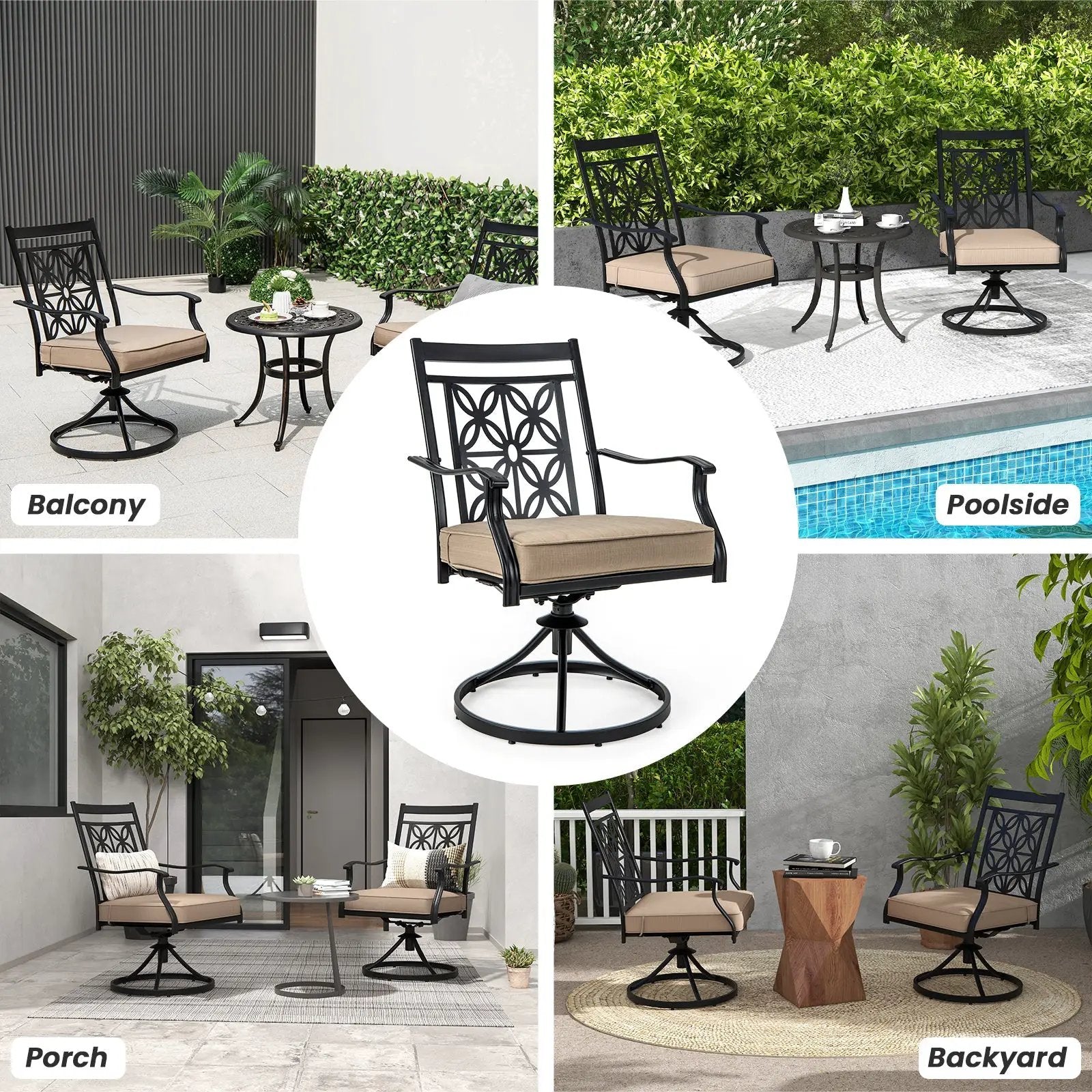 2 Pieces Patio Swivel Chairs with Blossom Pattern Backrest and Cushions-Black by DirectDeals