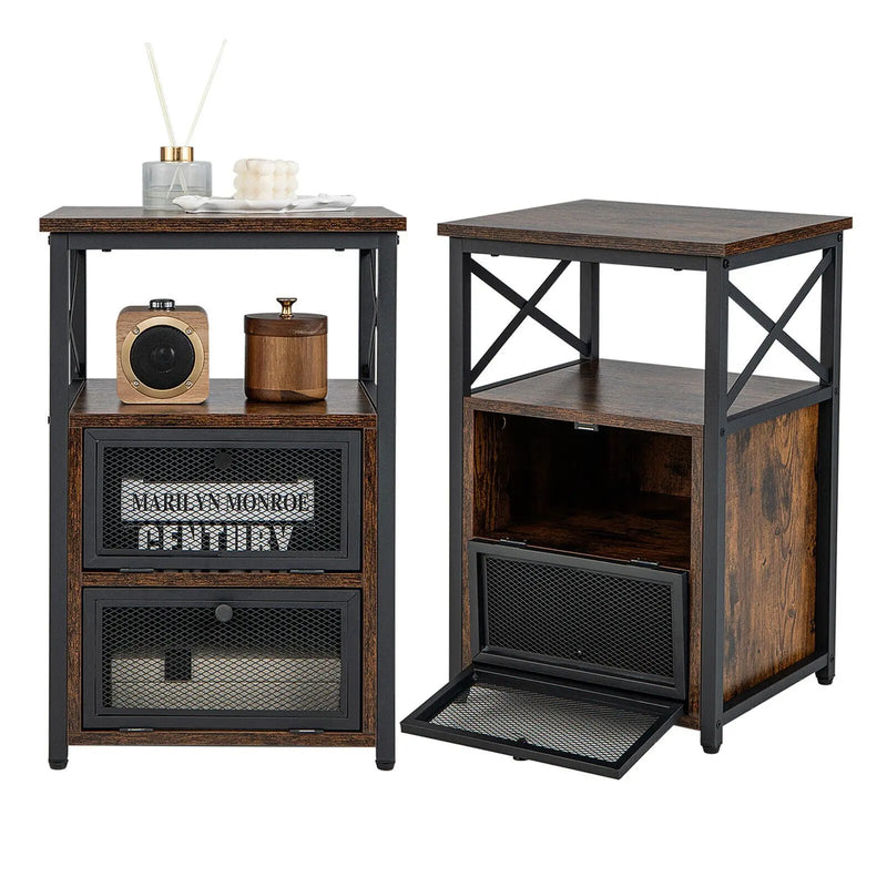 Set of 2 Modern Nightstand with 2 Flip Drawers and Open Shelf-Rustic Brown by DirectDeals