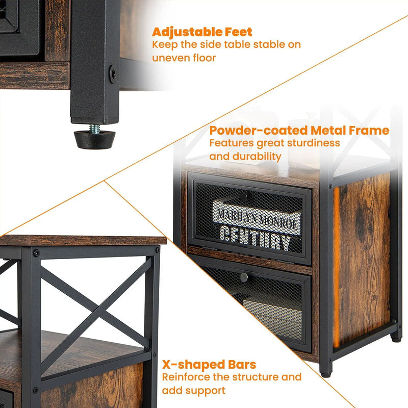 Set of 2 Modern Nightstand with 2 Flip Drawers and Open Shelf-Rustic Brown by DirectDeals
