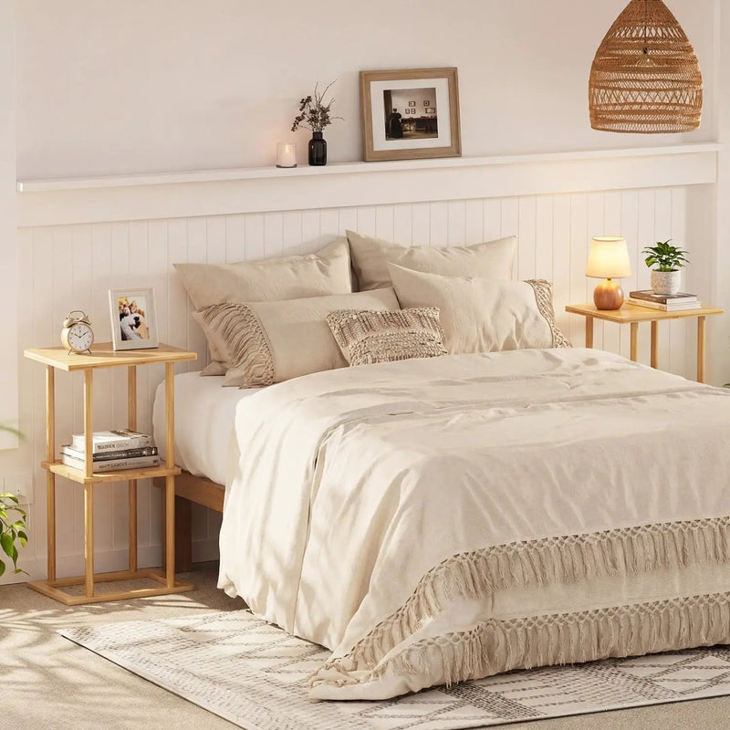 2 Pieces Side Table with Storage Shelves and Bamboo Construction-Natural by DirectDeals