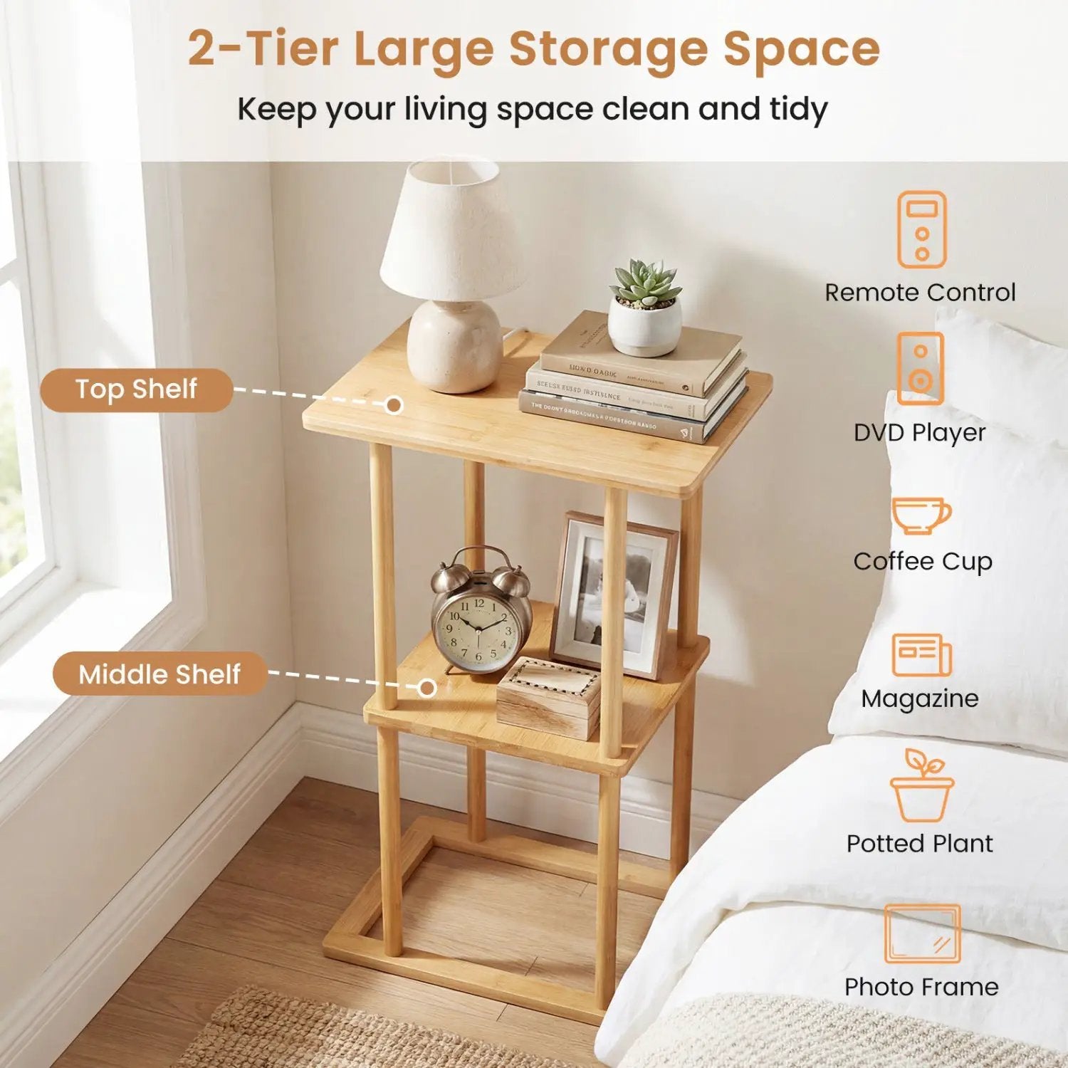 2 Pieces Side Table with Storage Shelves and Bamboo Construction-Natural by DirectDeals