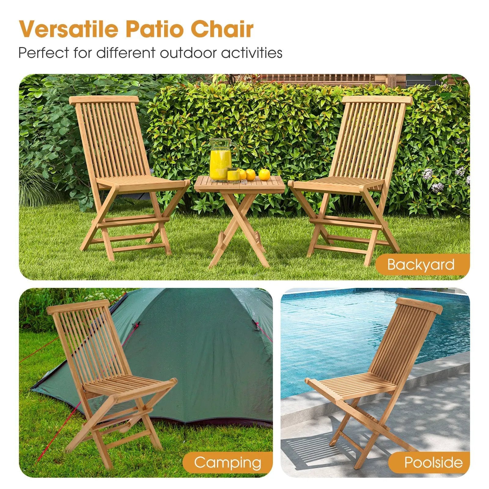 Set of 2 Indonesia Teak Patio Folding Chairs with High Back and Slatted Seat by DirectDeals