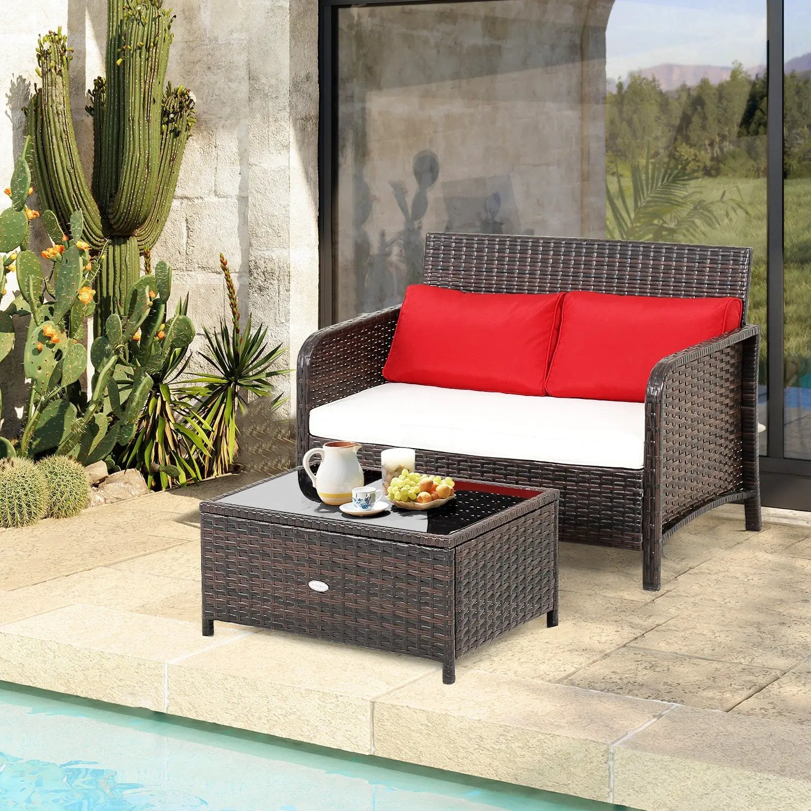 2 Pieces Wicker Loveseat Set with Coffee Table by DirectDeals