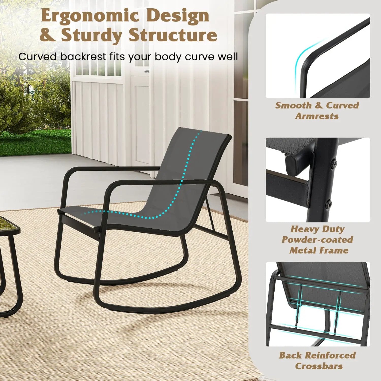 3-Piece Rocking Bistro Set with Glass Table for Patio by DirectDeals
