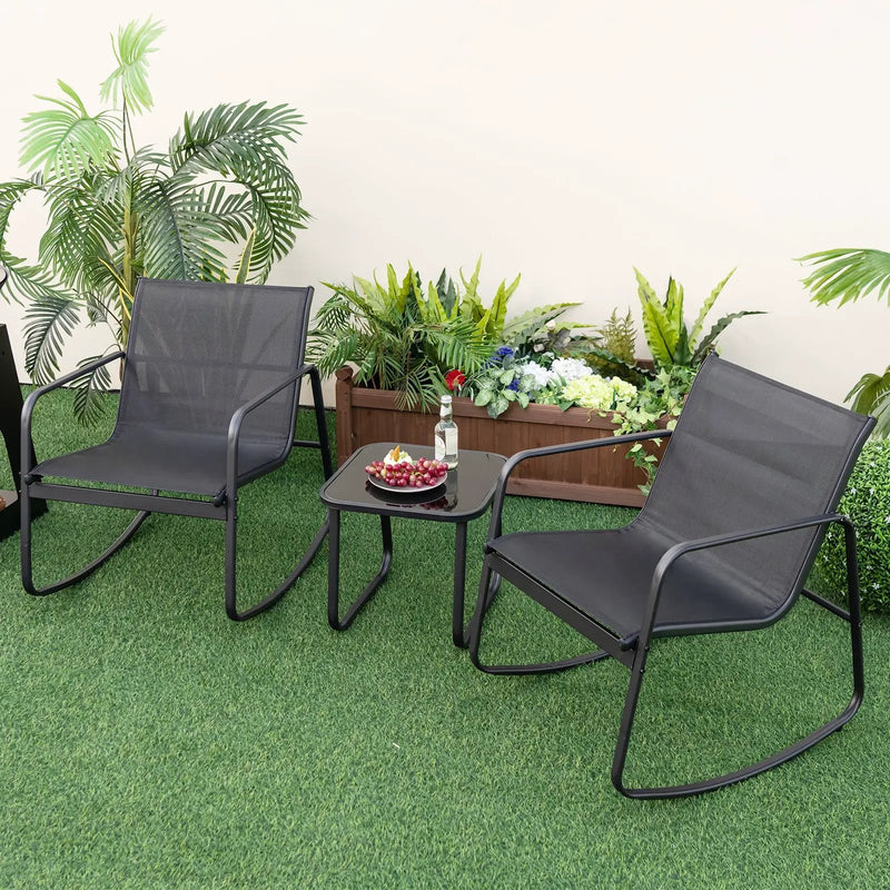 2 Rocking Bistro Chairs and Glass-Top Table for Porch Yard Balcony-Black by DirectDeals