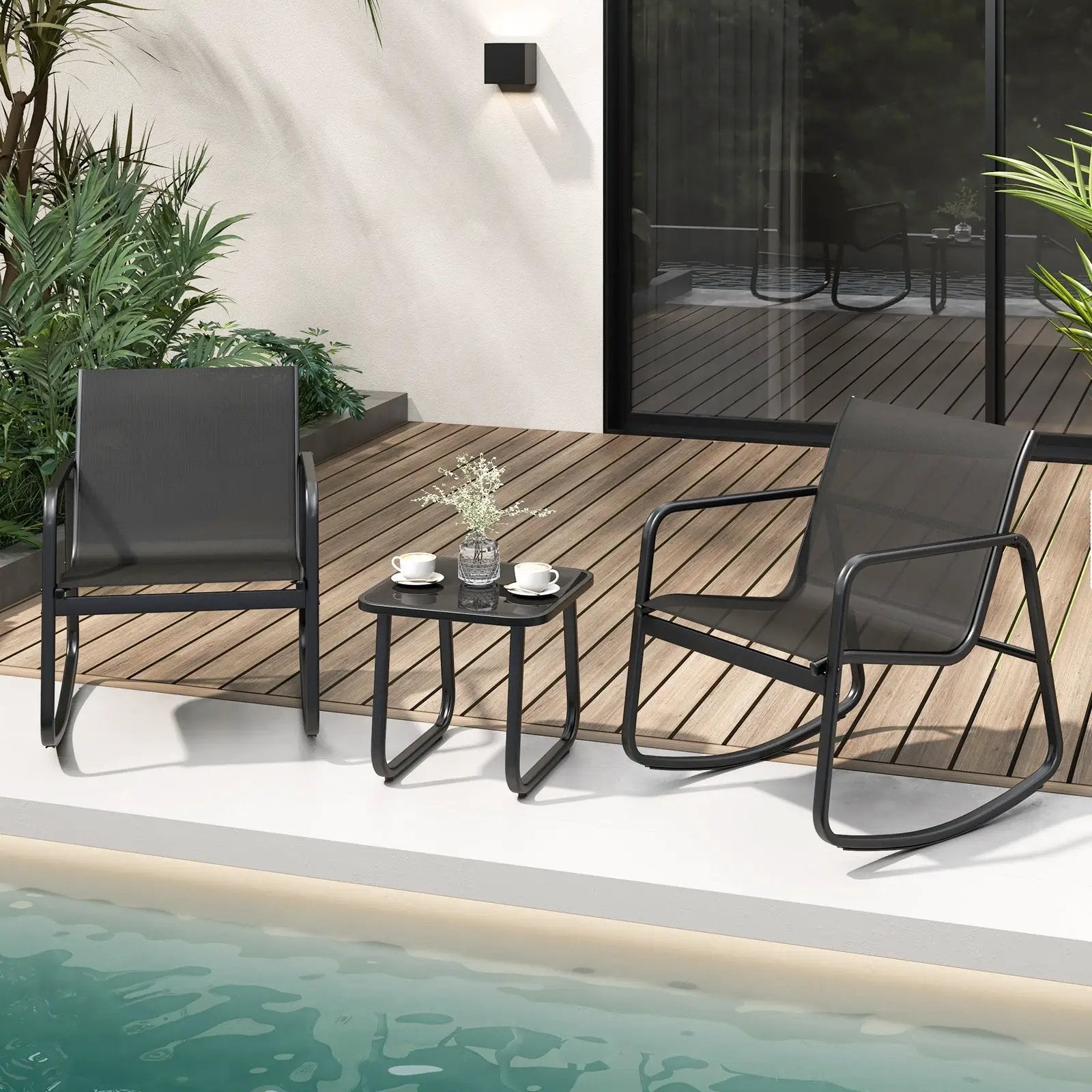 2 Rocking Bistro Chairs and Glass-Top Table for Porch Yard Balcony-Black by DirectDeals