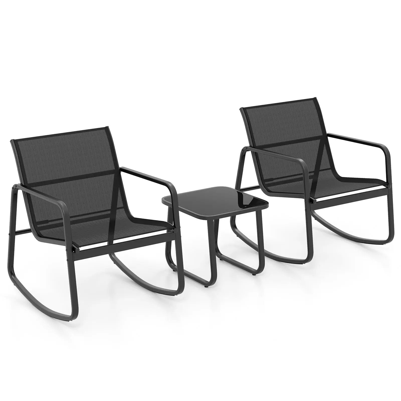 2 Rocking Bistro Chairs and Glass-Top Table for Porch Yard Balcony-Black by DirectDeals