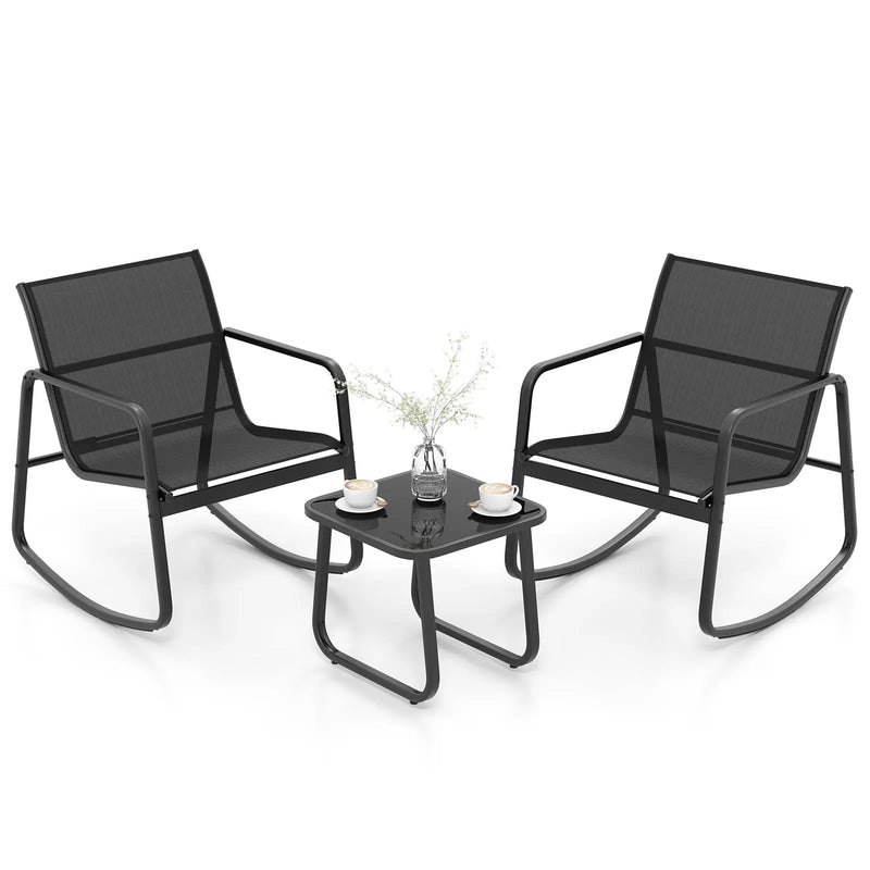 2 Rocking Bistro Chairs and Glass-Top Table for Porch Yard Balcony-Black by DirectDeals