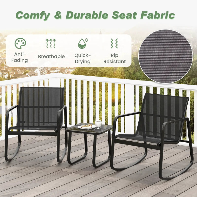 2 Rocking Bistro Chairs and Glass-Top Table for Porch Yard Balcony-Black by DirectDeals