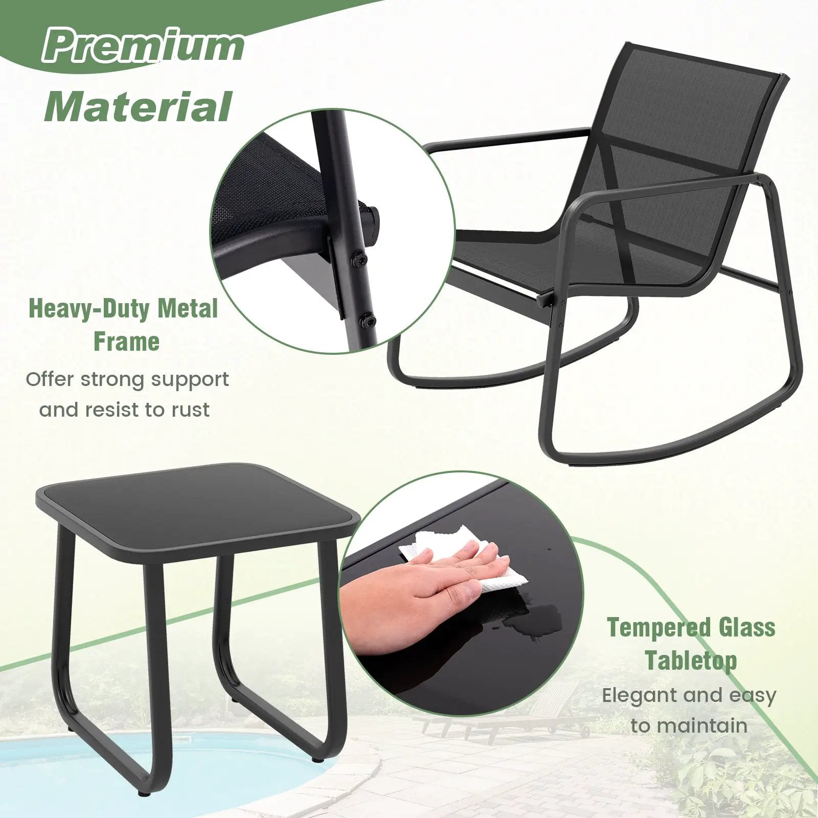 2 Rocking Bistro Chairs and Glass-Top Table for Porch Yard Balcony-Black by DirectDeals