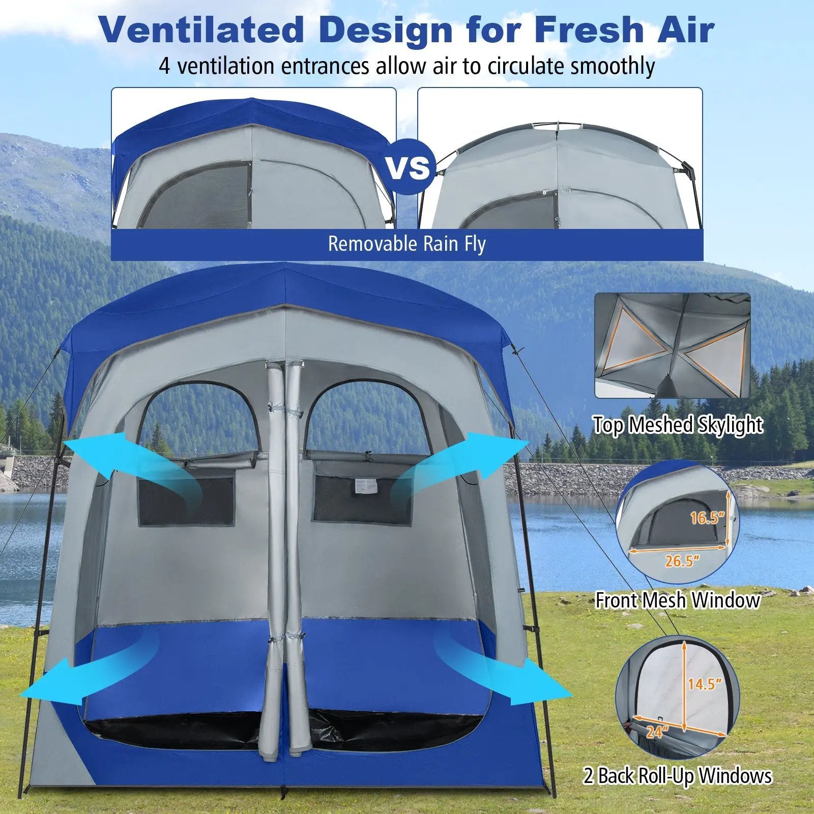 2 Rooms Oversize Privacy Shower Tent with Removable Rain Fly and Inside Pocket by DirectDeals