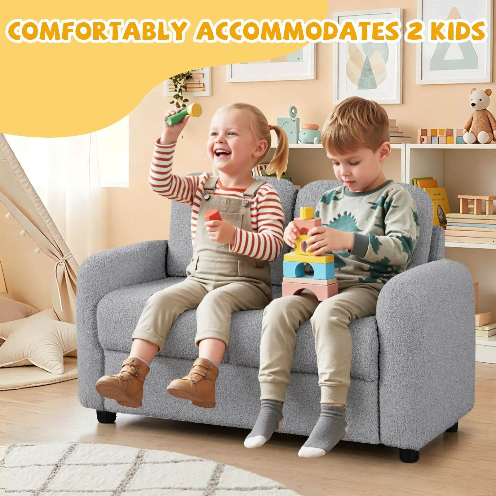 2-Seat Kids Sofa Toddler Sofa Couch with Soft Teddy Fleece Upholstery and Solid Wooden Frame by DirectDeals