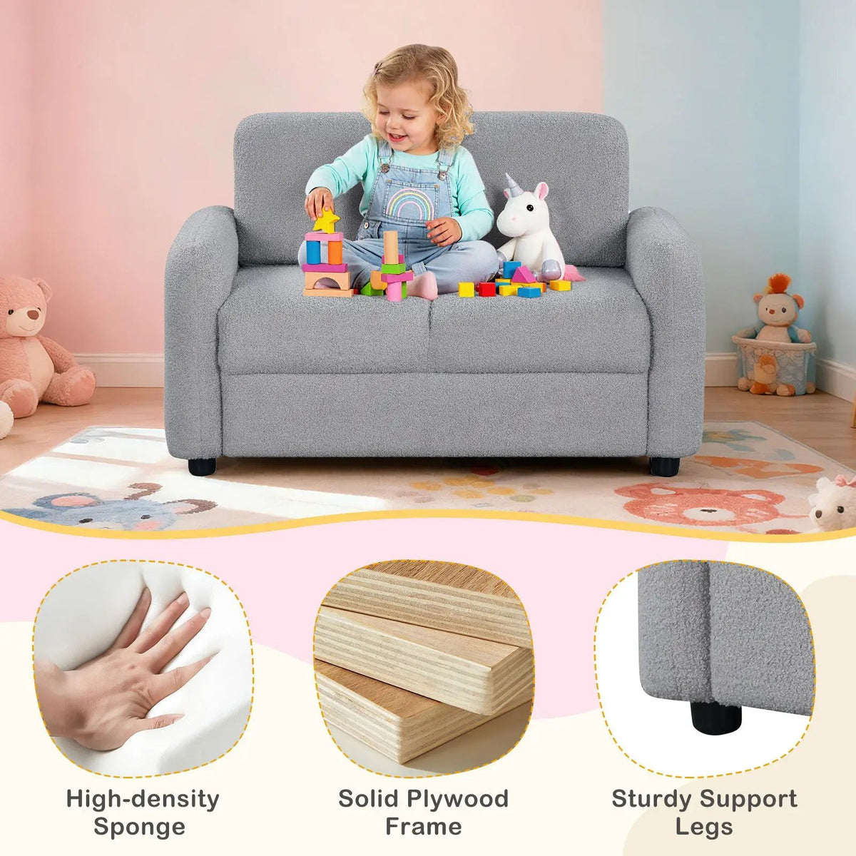 2-Seat Kids Sofa Toddler Sofa Couch with Soft Teddy Fleece Upholstery and Solid Wooden Frame, photo 16 of 24