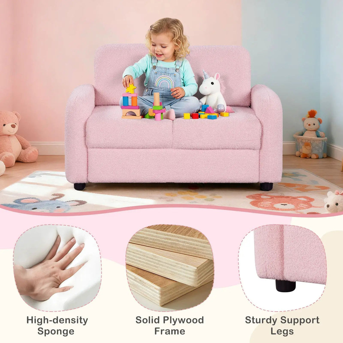 2-Seat Kids Sofa Toddler Sofa Couch with Soft Teddy Fleece Upholstery and Solid Wooden Frame, photo 17 of 24