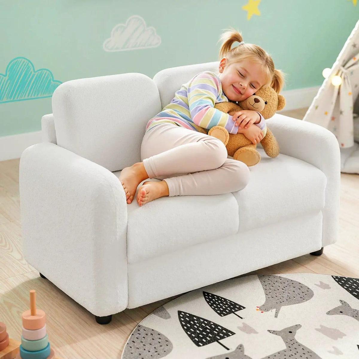 2-Seat Kids Sofa Toddler Sofa Couch with Soft Teddy Fleece Upholstery and Solid Wooden Frame, photo 3 of 24