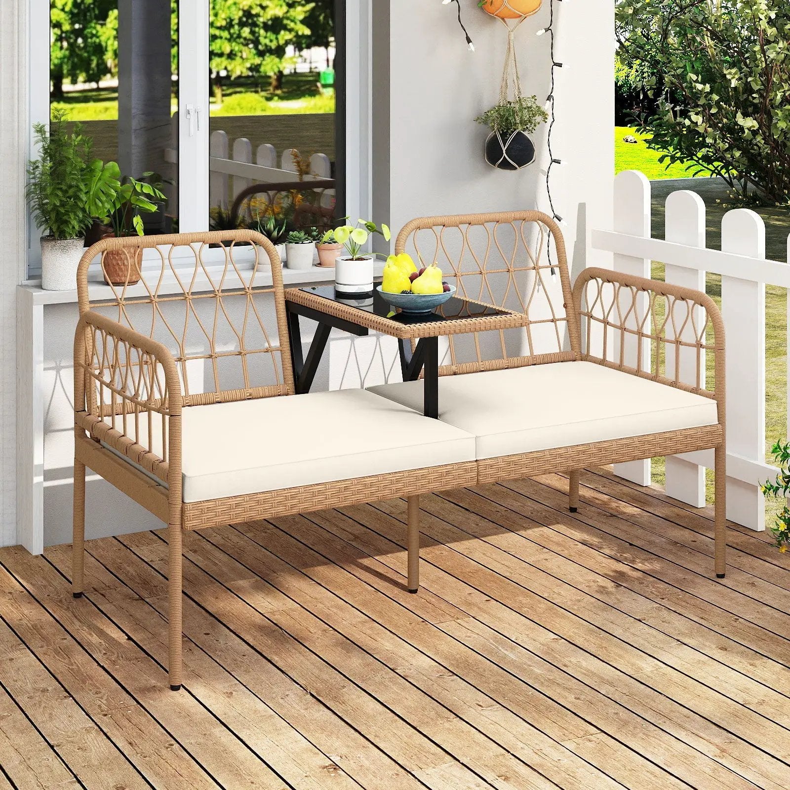 2-Seat PE Rattan Outdoor Loveseat with Built-in Coffee Table and Soft Cushions-White by DirectDeals