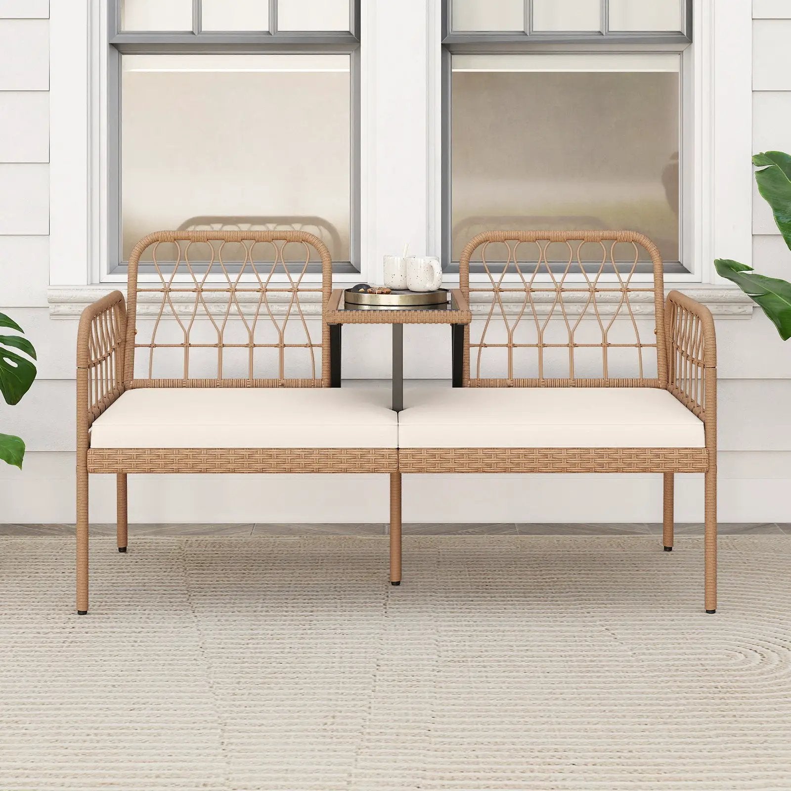 2-Seat PE Rattan Outdoor Loveseat with Built-in Coffee Table and Soft Cushions-White by DirectDeals