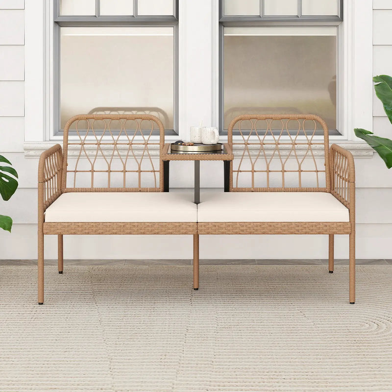 2-Seat PE Rattan Outdoor Loveseat with Built-in Coffee Table and Soft Cushions-White by DirectDeals