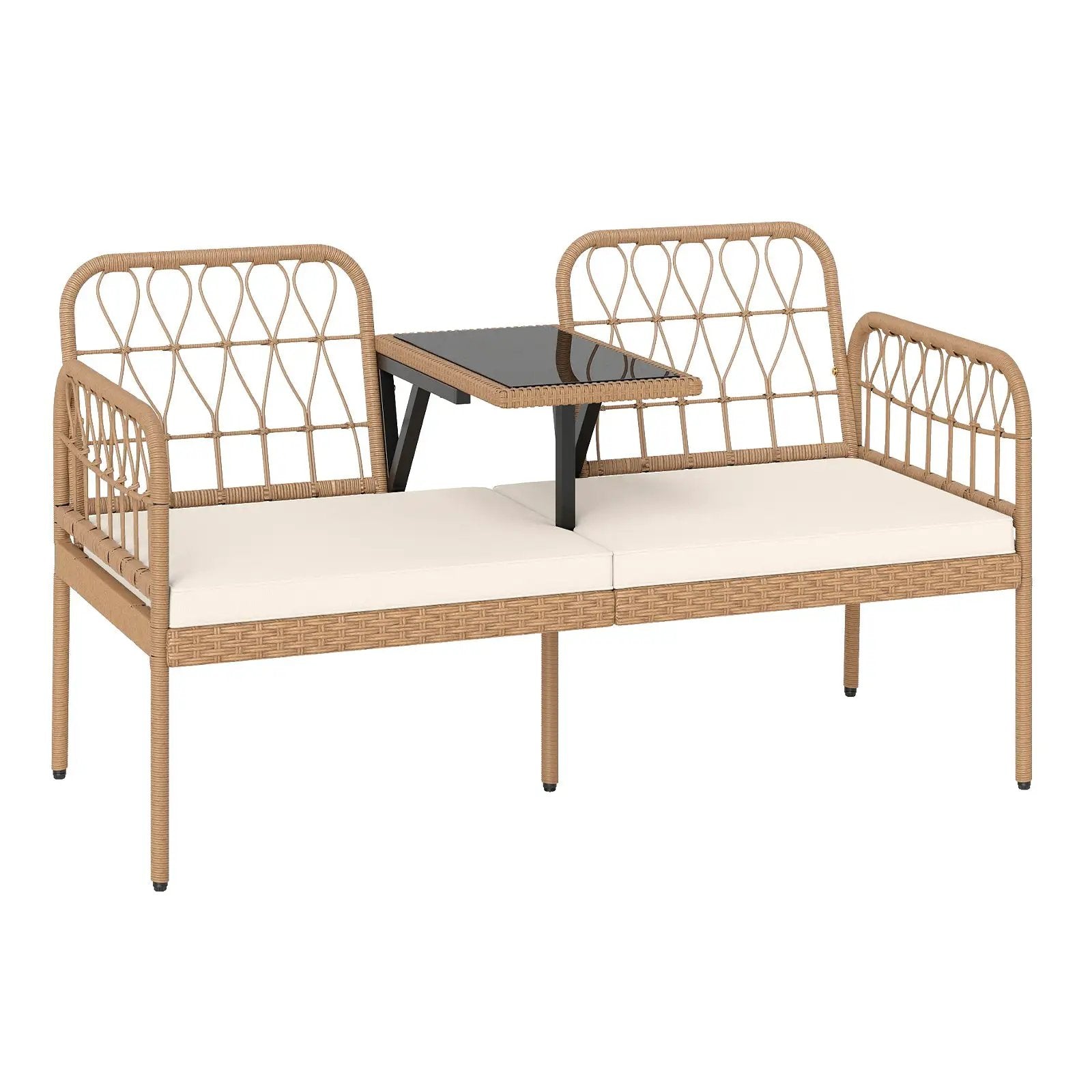 2-Seat PE Rattan Outdoor Loveseat with Built-in Coffee Table and Soft Cushions-White by DirectDeals
