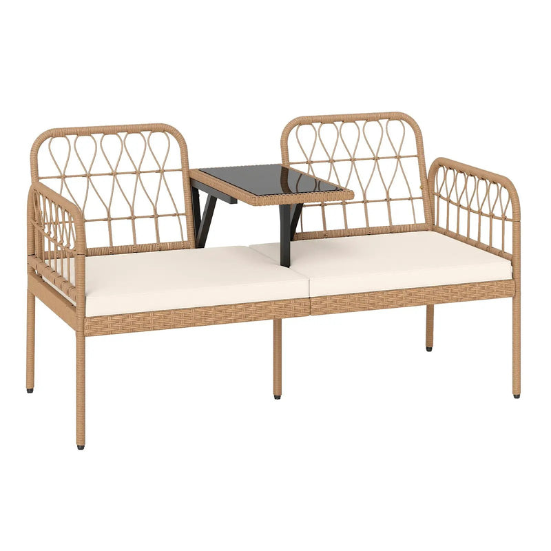 2-Seat PE Rattan Outdoor Loveseat with Built-in Coffee Table and Soft Cushions-White by DirectDeals