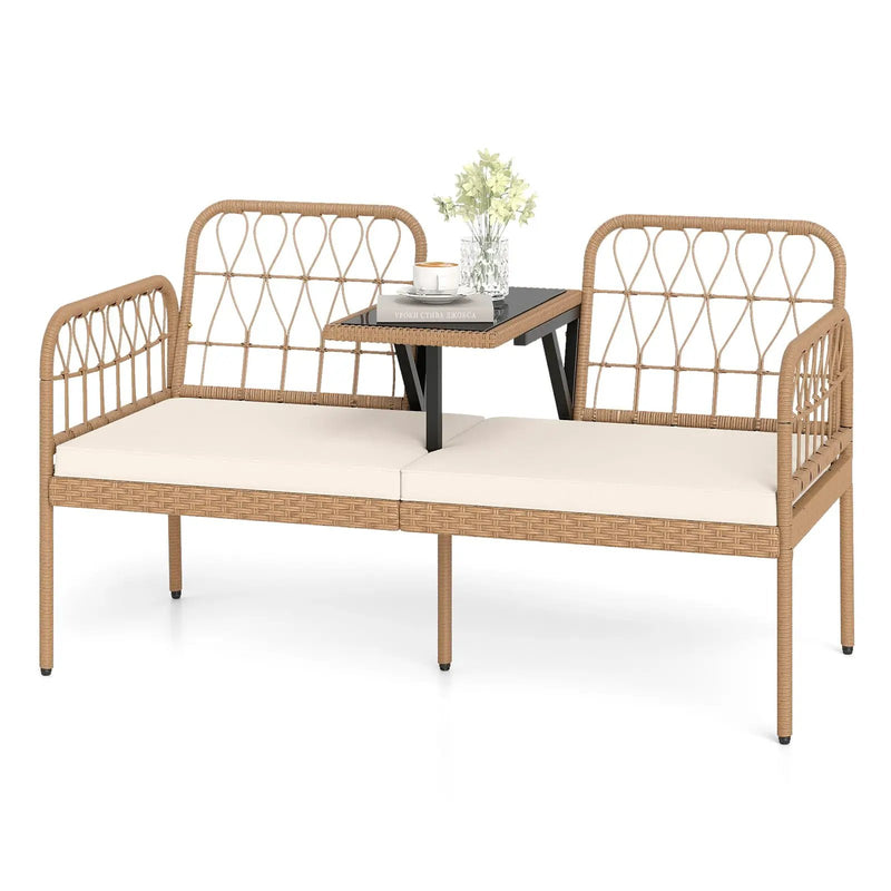 2-Seat PE Rattan Outdoor Loveseat with Built-in Coffee Table and Soft Cushions-White by DirectDeals