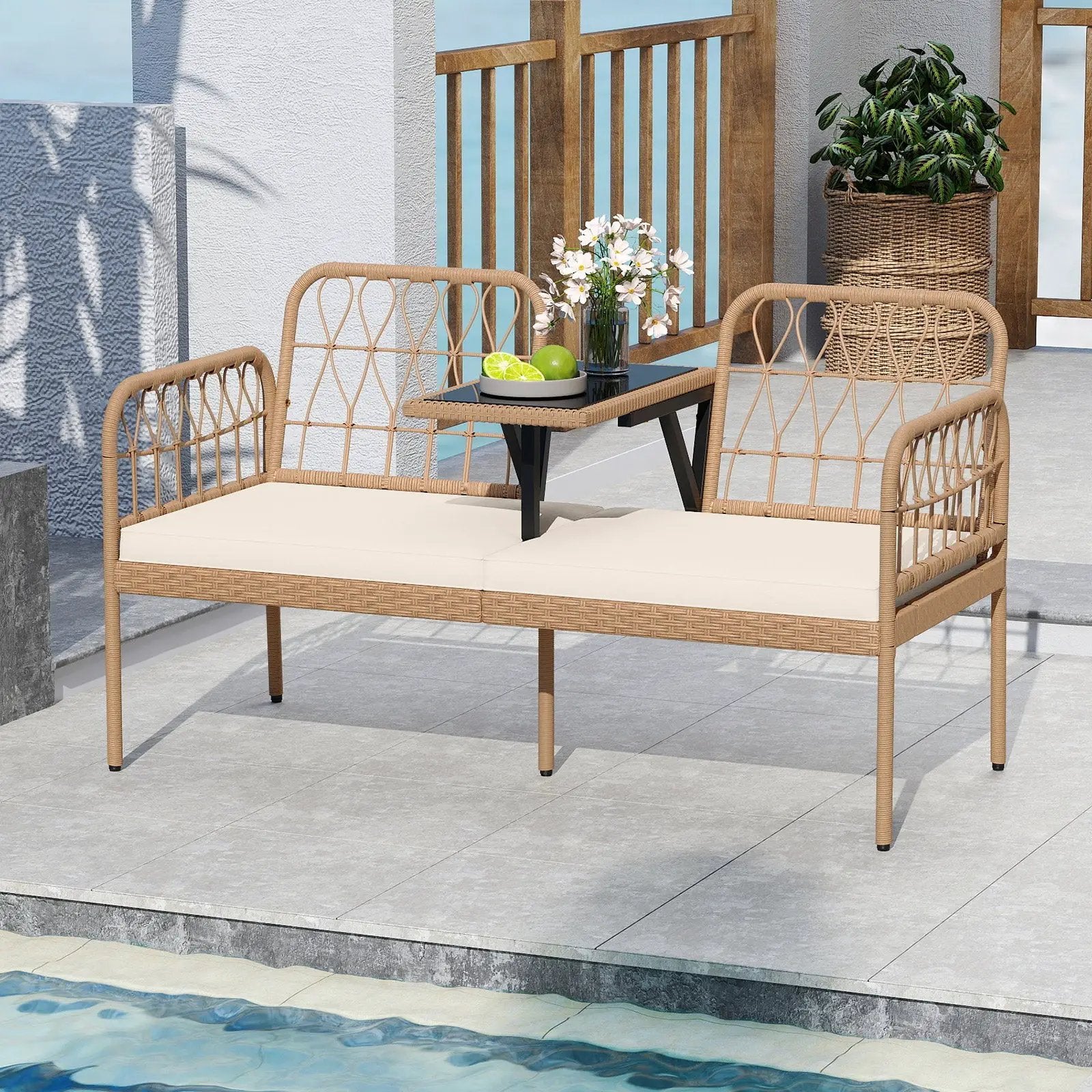 2-Seat PE Rattan Outdoor Loveseat with Built-in Coffee Table and Soft Cushions-White by DirectDeals