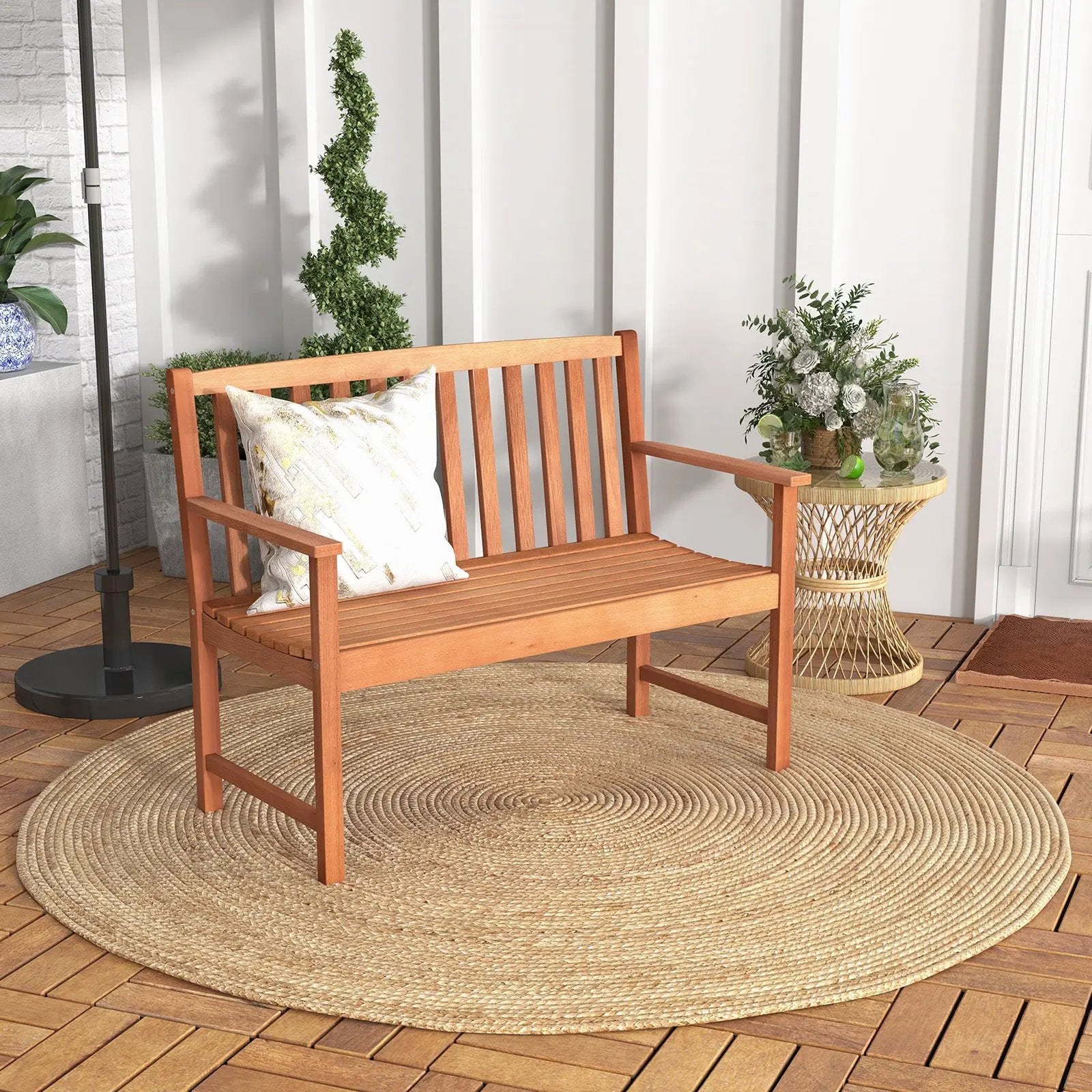 2-Seat Patio Wood Bench with Cozy Armrests and Backrest by DirectDeals