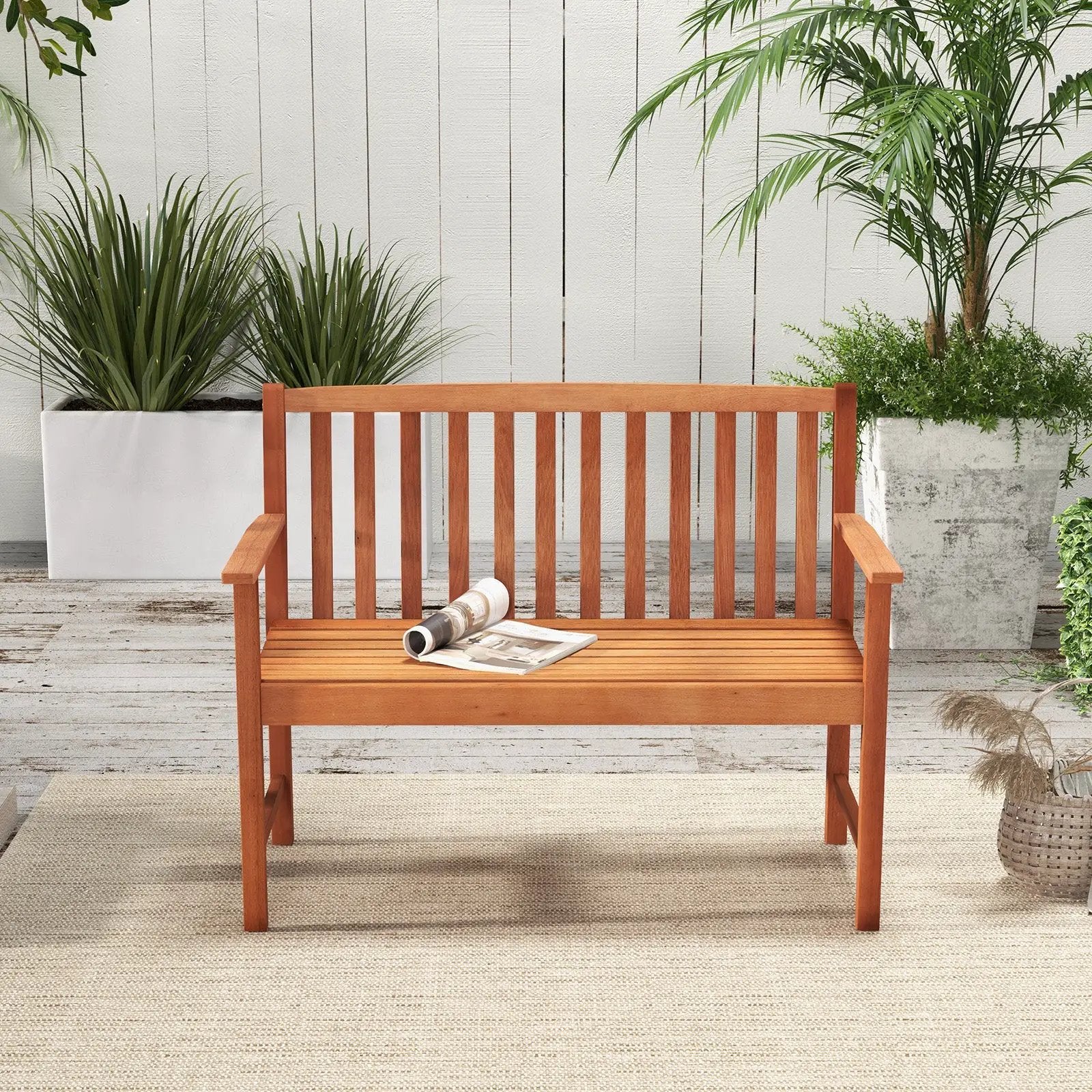2-Seat Patio Wood Bench with Cozy Armrests and Backrest by DirectDeals